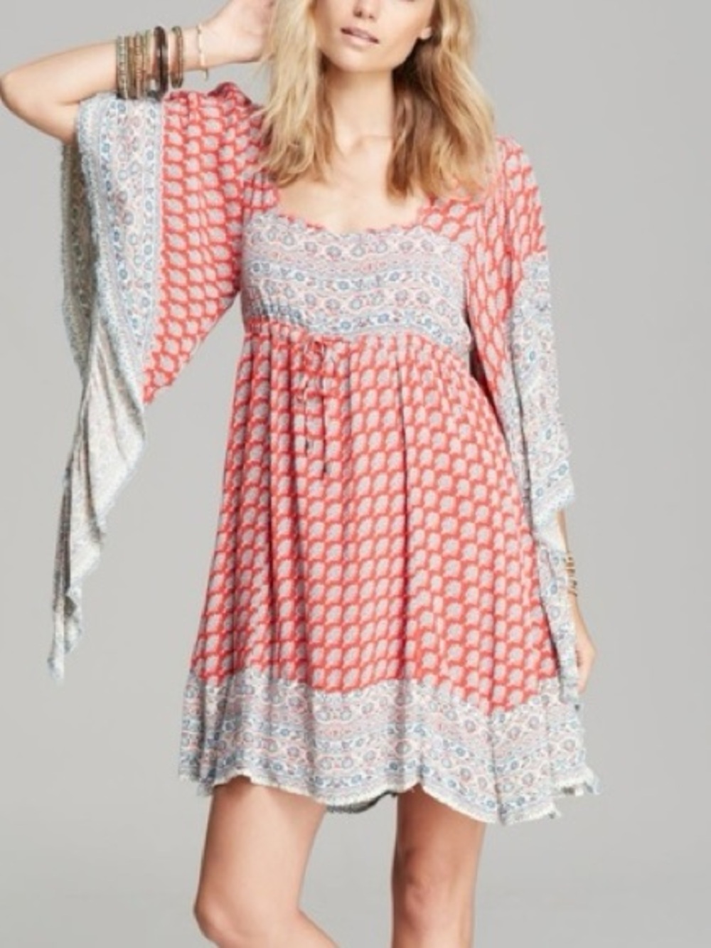 Free People Heart of Gold Bohemian Square Neck Bell Sleeves Peasant Mini Dress